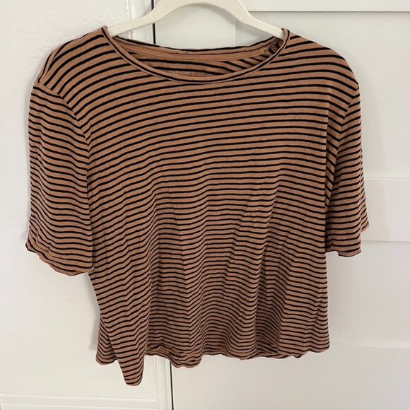 Eileen Fisher Organic Cotton Casual Striped Tee Tan Black Petite Small - Picture 1 of 4